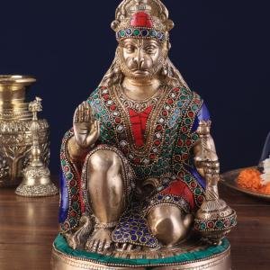 Handcrafted Brass Hanuman Idol 9" | Intricate Meenakari Stonework | Divine Devotion & Strength | 3.6 kg Masterpiece | Positivity & Good Health for Home